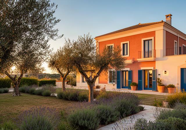 Facciata di una villetta ristrutturata in Puglia con giardino mediterraneo, luce calda del tramonto